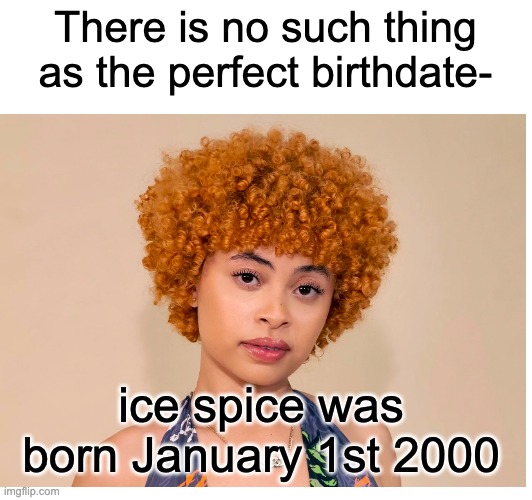 01-01-2000 | There is no such thing as the perfect birthdate-; ice spice was born January 1st 2000 | image tagged in memes,birthday | made w/ Imgflip meme maker