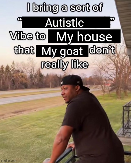 I Bring a Sort of X Vibe to the Y | Autistic; My house; My goat | image tagged in i bring a sort of x vibe to the y,autism | made w/ Imgflip meme maker
