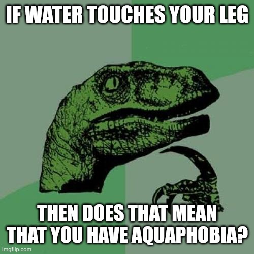 True | IF WATER TOUCHES YOUR LEG; THEN DOES THAT MEAN THAT YOU HAVE AQUAPHOBIA? | image tagged in memes,philosoraptor,water,phobia | made w/ Imgflip meme maker