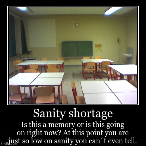 Sanity shortage | Is this a memory or is this going on right now? At this point you are just so low on sanity you can´t even tell. | image tagged in funny,demotivationals | made w/ Imgflip demotivational maker