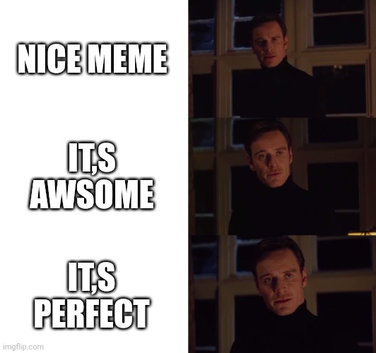 perfection | NICE MEME; IT,S AWSOME; IT,S PERFECT | image tagged in perfection | made w/ Imgflip meme maker