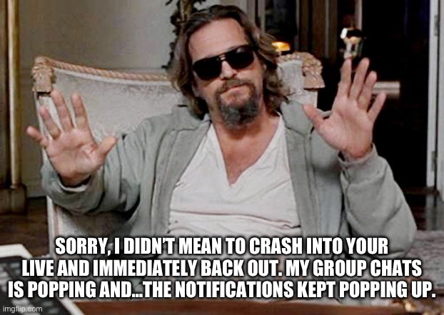 Sorry | SORRY, I DIDN’T MEAN TO CRASH INTO YOUR LIVE AND IMMEDIATELY BACK OUT. MY GROUP CHATS IS POPPING AND…THE NOTIFICATIONS KEPT POPPING UP. | image tagged in i got this | made w/ Imgflip meme maker