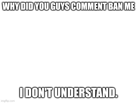 Why | WHY DID YOU GUYS COMMENT BAN ME; I DON'T UNDERSTAND. | image tagged in blank white template | made w/ Imgflip meme maker