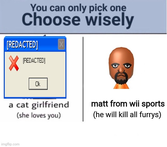 choose matt | matt from wii sports; (he will kill all furrys) | image tagged in choose wisely,matt from wii sports,memes,anti furry,anti-furry | made w/ Imgflip meme maker
