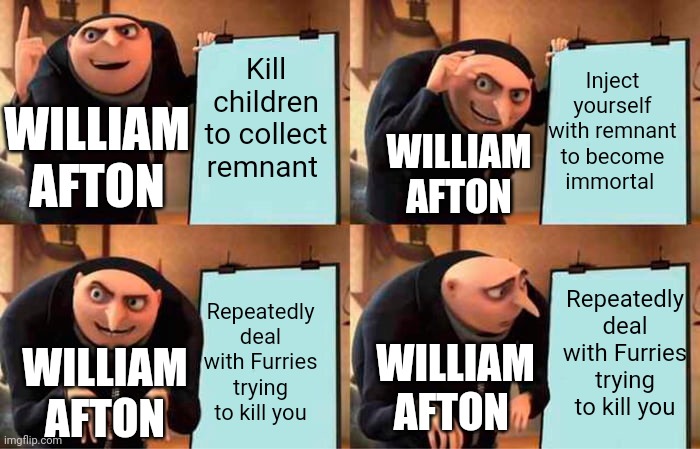 Fnaf William Afton in a nutshell | Kill children to collect remnant; Inject yourself with remnant to become immortal; WILLIAM AFTON; WILLIAM AFTON; Repeatedly deal with Furries trying to kill you; Repeatedly deal with Furries trying to kill you; WILLIAM AFTON; WILLIAM AFTON | image tagged in memes,gru's plan | made w/ Imgflip meme maker