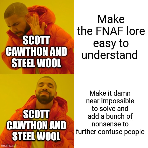 Who else is excited for SB Ruin? | Make the FNAF lore easy to understand; SCOTT CAWTHON AND STEEL WOOL; Make it damn near impossible to solve and add a bunch of nonsense to further confuse people; SCOTT CAWTHON AND STEEL WOOL | image tagged in memes,drake hotline bling | made w/ Imgflip meme maker