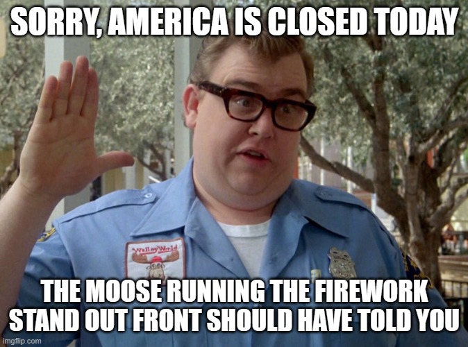 Sorry, we are closed | SORRY, AMERICA IS CLOSED TODAY; THE MOOSE RUNNING THE FIREWORK STAND OUT FRONT SHOULD HAVE TOLD YOU | image tagged in moose,closed,john candy | made w/ Imgflip meme maker