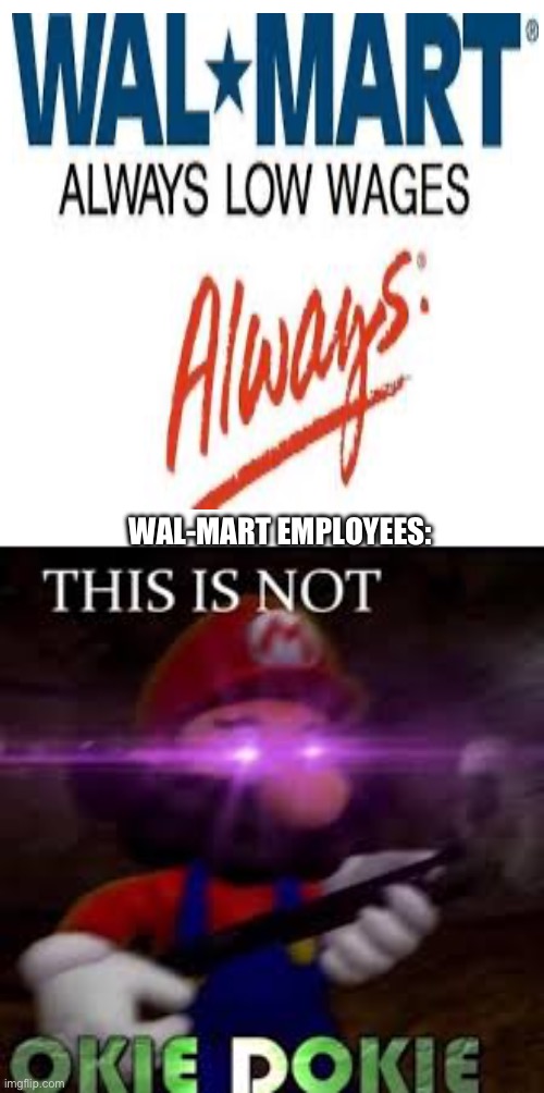 Wal-mart in a nutshell | WAL-MART EMPLOYEES: | image tagged in this is not okie dokie | made w/ Imgflip meme maker