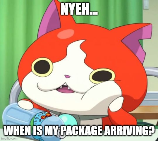 Interested Jibanyan | NYEH... WHEN IS MY PACKAGE ARRIVING? | image tagged in interested jibanyan | made w/ Imgflip meme maker