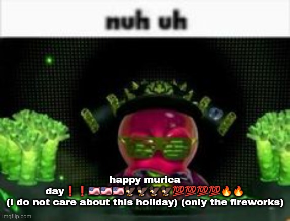 nuh uh | happy murica day❗❗🇺🇲🇺🇸🇺🇲🦅🦅🦅🦅💯💯💯💯🔥🔥
(i do not care about this holiday) (only the fireworks) | image tagged in nuh uh | made w/ Imgflip meme maker