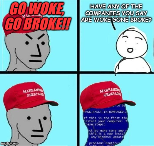 Darn that pesky empiricism. | GO WOKE, GO BROKE!! HAVE ANY OF THE COMPANIES YOU SAY ARE WOKE GONE BROKE? | image tagged in angry maga npc page fault,false advertising,sheeple | made w/ Imgflip meme maker
