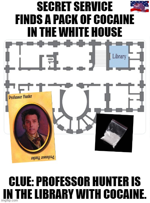 The Biden Administration is a disgrace. | SECRET SERVICE FINDS A PACK OF COCAINE IN THE WHITE HOUSE; CLUE: PROFESSOR HUNTER IS IN THE LIBRARY WITH COCAINE. | image tagged in clue | made w/ Imgflip meme maker
