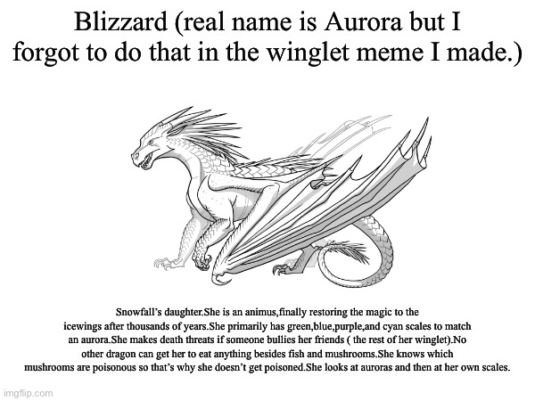 Next one is coming up | Blizzard (real name is Aurora but I forgot to do that in the winglet meme I made.); Snowfall’s daughter.She is an animus,finally restoring the magic to the icewings after thousands of years.She primarily has green,blue,purple,and cyan scales to match an aurora.She makes death threats if someone bullies her friends ( the rest of her winglet).No other dragon can get her to eat anything besides fish and mushrooms.She knows which mushrooms are poisonous so that’s why she doesn’t get poisoned.She looks at auroras and then at her own scales. | image tagged in wof,ocs | made w/ Imgflip meme maker