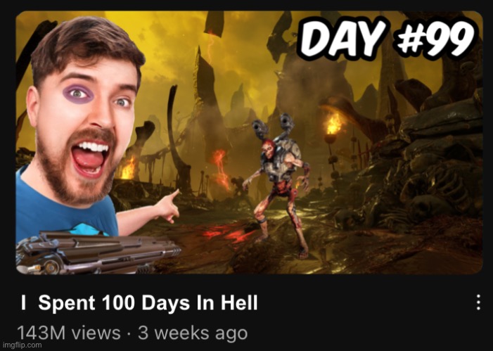 I Spent 100 Days In Hell | image tagged in mrbeast,thumbnail,doom eternal | made w/ Imgflip meme maker