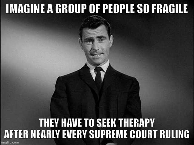 You know who you are. | IMAGINE A GROUP OF PEOPLE SO FRAGILE; THEY HAVE TO SEEK THERAPY AFTER NEARLY EVERY SUPREME COURT RULING | image tagged in rod serling twilight zone | made w/ Imgflip meme maker
