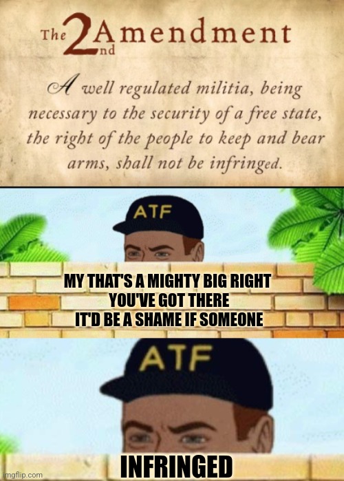 MY THAT'S A MIGHTY BIG RIGHT
 YOU'VE GOT THERE
 IT'D BE A SHAME IF SOMEONE; INFRINGED | image tagged in 2nd amendment,atf guy hiding behind wall | made w/ Imgflip meme maker
