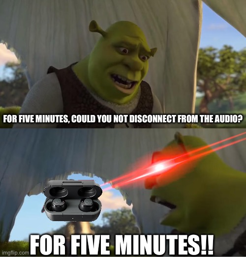 Me to my headphones right now | FOR FIVE MINUTES, COULD YOU NOT DISCONNECT FROM THE AUDIO? FOR FIVE MINUTES!! | image tagged in shrek for five minutes | made w/ Imgflip meme maker