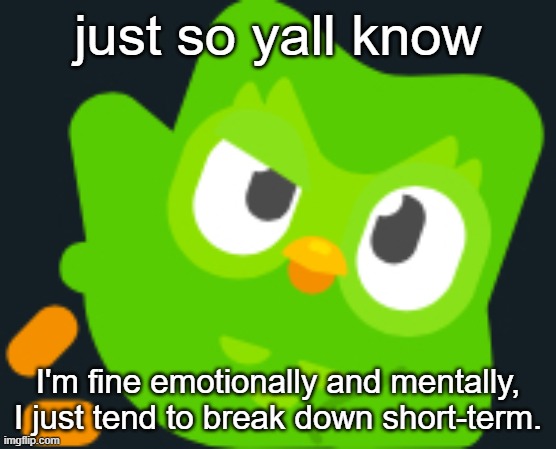 Duo rizz | just so yall know; I'm fine emotionally and mentally, I just tend to break down short-term. | image tagged in duo rizz | made w/ Imgflip meme maker