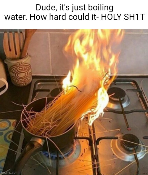 Meme #2,348 | Dude, it's just boiling water. How hard could it- HOLY SH1T | image tagged in memes,cursed image,fire,cookies,spaghetti,holy | made w/ Imgflip meme maker