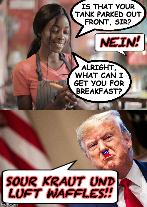 It is Florida, after all. | IS THAT YOUR
TANK PARKED OUT
FRONT, SIR? NEIN! ALRIGHT,
WHAT CAN I
GET YOU FOR
BREAKFAST? SOUR KRAUT UND
LUFT WAFFLES!! | image tagged in memes,trump,luft waffles,florida man | made w/ Imgflip meme maker