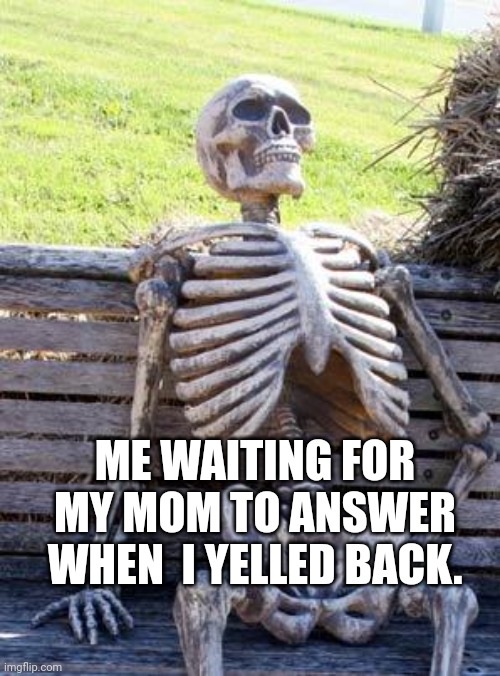 Waiting Skeleton | ME WAITING FOR MY MOM TO ANSWER WHEN  I YELLED BACK. | image tagged in memes,waiting skeleton | made w/ Imgflip meme maker