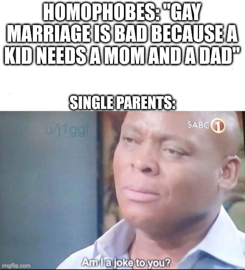 Worst excuse for homophobia ever? | HOMOPHOBES: "GAY MARRIAGE IS BAD BECAUSE A KID NEEDS A MOM AND A DAD"; SINGLE PARENTS: | image tagged in am i a joke to you | made w/ Imgflip meme maker