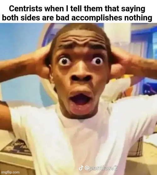 Shocked black guy | Centrists when I tell them that saying both sides are bad accomplishes nothing | image tagged in shocked black guy | made w/ Imgflip meme maker