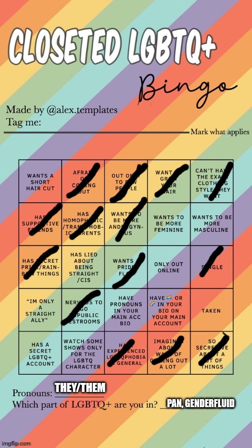 Closeted LGBTQ+ Bingo | THEY/THEM; PAN, GENDERFLUID | image tagged in closeted lgbtq bingo | made w/ Imgflip meme maker