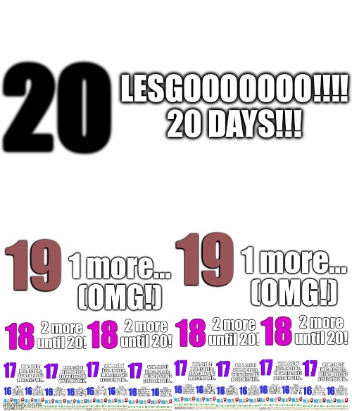 LESGO! 20 DAYS! | 20; LESGOOOOOOO!!!! 20 DAYS!!! | image tagged in memes,funny | made w/ Imgflip meme maker