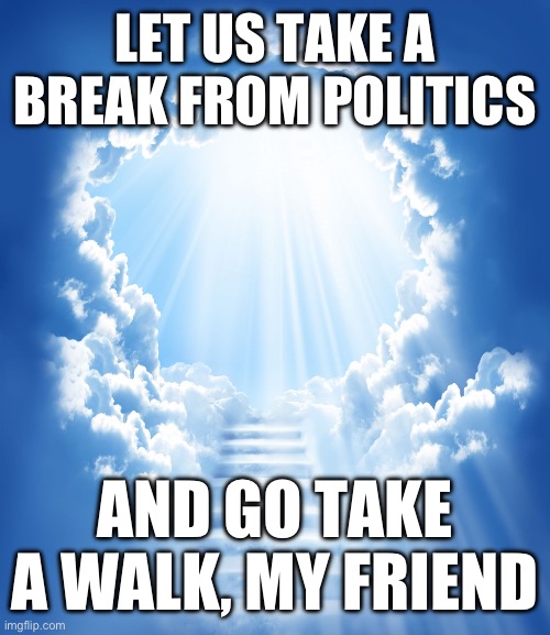 Your opinions are valid ? | LET US TAKE A BREAK FROM POLITICS; AND GO TAKE A WALK, MY FRIEND | image tagged in heaven | made w/ Imgflip meme maker
