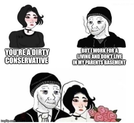 BUT I WORK FOR A LIVING AND DON'T LIVE IN MY PARENTS BASEMENT; YOU'RE A DIRTY CONSERVATIVE | image tagged in funny memes | made w/ Imgflip meme maker