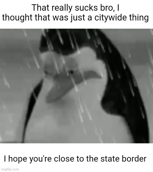 Sadge | That really sucks bro, I thought that was just a citywide thing I hope you're close to the state border | image tagged in sadge | made w/ Imgflip meme maker