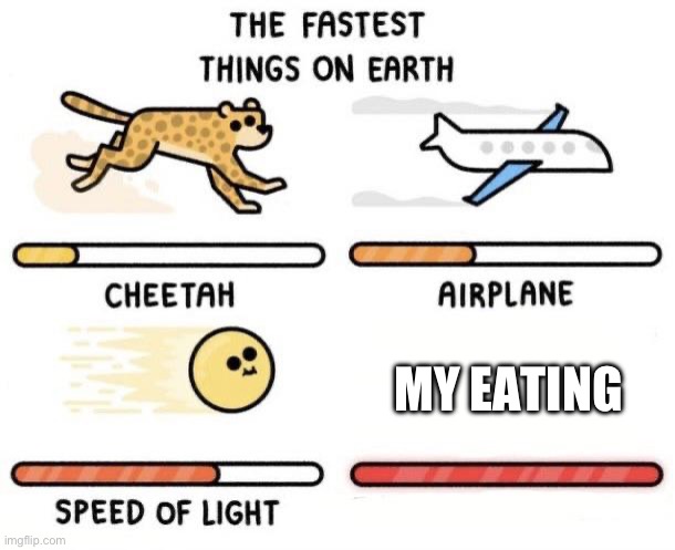 And yes, I eat really quickly | MY EATING | image tagged in the fastest things on earth cheetah airplane speed of light,eating,food,food memes,relatable,relatable memes | made w/ Imgflip meme maker