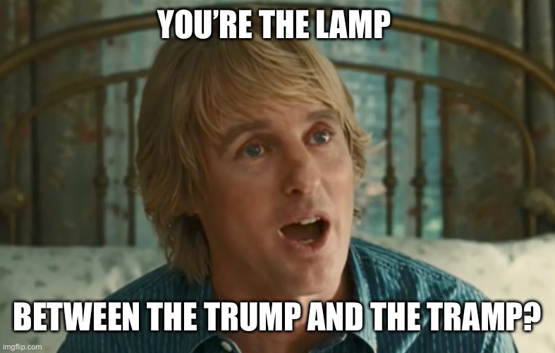 Owen Wilson WOW | YOU’RE THE LAMP BETWEEN THE TRUMP AND THE TRAMP? | image tagged in owen wilson wow | made w/ Imgflip meme maker