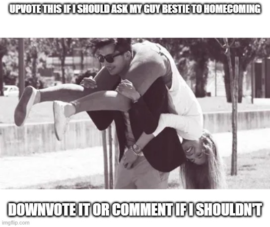 please help me all that see this | UPVOTE THIS IF I SHOULD ASK MY GUY BESTIE TO HOMECOMING; DOWNVOTE IT OR COMMENT IF I SHOULDN'T | image tagged in memes,best friends,help,please help me | made w/ Imgflip meme maker