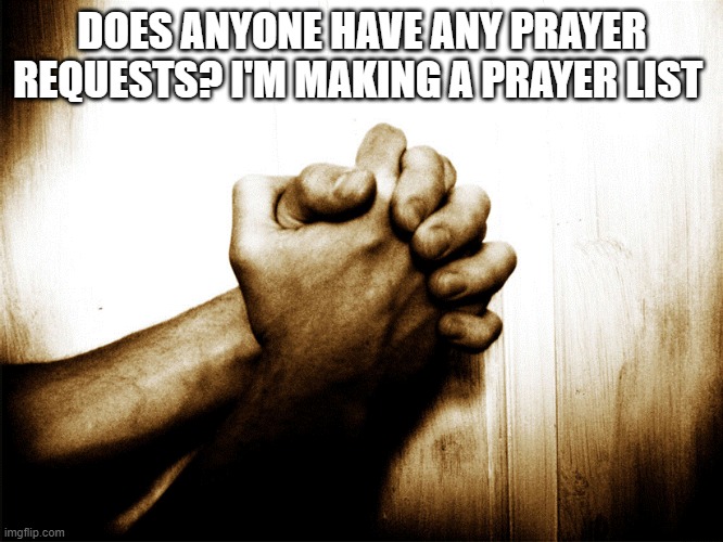 Feel free to tell me | DOES ANYONE HAVE ANY PRAYER REQUESTS? I'M MAKING A PRAYER LIST | image tagged in prayer | made w/ Imgflip meme maker