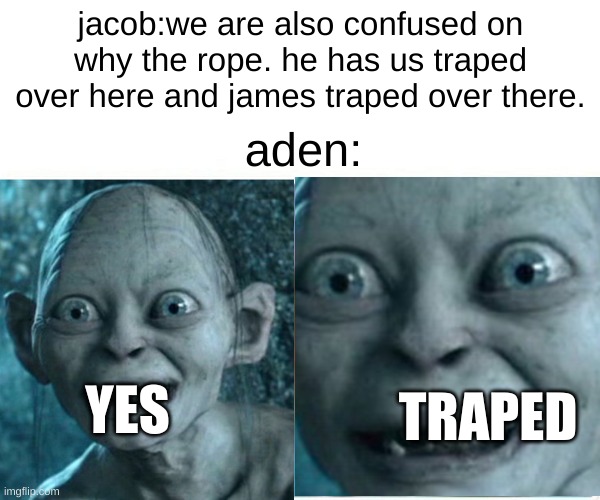 hmmmm | jacob:we are also confused on why the rope. he has us traped over here and james traped over there. aden:; YES; TRAPED | image tagged in yes,trapped,misspelled | made w/ Imgflip meme maker