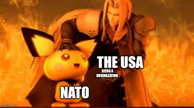 sephiroth and pichu | THE USA; BEING A ORGINAZATION; NATO | image tagged in sephiroth and pichu,ww1,nato | made w/ Imgflip meme maker