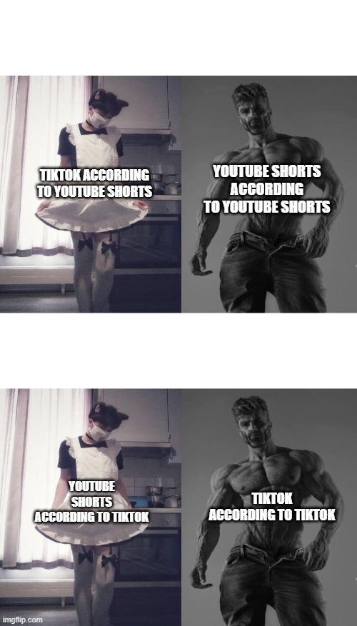 YOUTUBE SHORTS ACCORDING TO YOUTUBE SHORTS; TIKTOK ACCORDING TO YOUTUBE SHORTS; TIKTOK ACCORDING TO TIKTOK; YOUTUBE SHORTS ACCORDING TO TIKTOK | image tagged in giga chad vs femboy,tiktok,youtube shorts | made w/ Imgflip meme maker