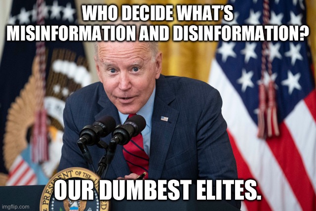 Our Dumbest Elites | WHO DECIDE WHAT’S MISINFORMATION AND DISINFORMATION? OUR DUMBEST ELITES. | image tagged in biden whisper | made w/ Imgflip meme maker