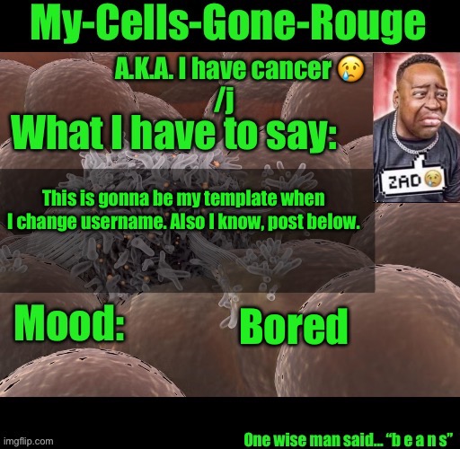 My-Cells-Gone-Rouge announcement | This is gonna be my template when I change username. Also I know, post below. Bored | image tagged in my-cells-gone-rouge announcement | made w/ Imgflip meme maker