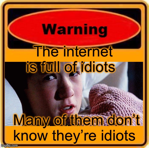 Warning Sign Meme | The internet is full of idiots; Many of them don’t know they’re idiots | image tagged in memes,warning sign | made w/ Imgflip meme maker