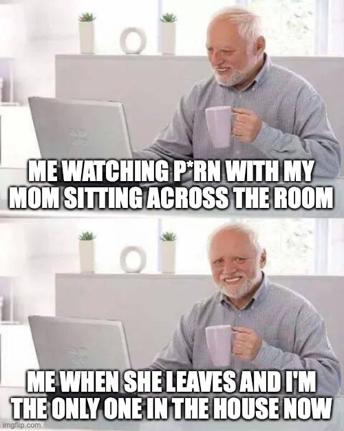 Hide the Pain Harold Meme | ME WATCHING P*RN WITH MY MOM SITTING ACROSS THE ROOM; ME WHEN SHE LEAVES AND I'M THE ONLY ONE IN THE HOUSE NOW | image tagged in memes,hide the pain harold | made w/ Imgflip meme maker