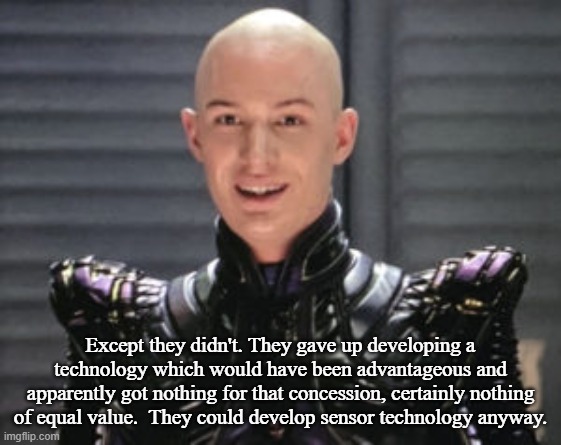 Except they didn't. They gave up developing a technology which would have been advantageous and apparently got nothing for that concession,  | made w/ Imgflip meme maker
