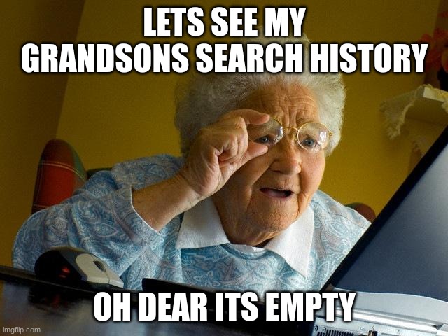 Grandma Finds The Internet | LETS SEE MY GRANDSONS SEARCH HISTORY; OH DEAR ITS EMPTY | image tagged in memes,grandma finds the internet | made w/ Imgflip meme maker