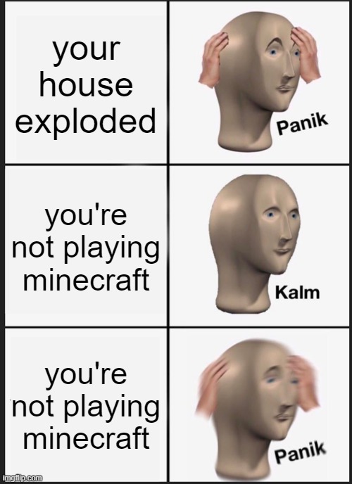 Panik Kalm Panik Meme | your house exploded; you're not playing minecraft; you're not playing minecraft | image tagged in memes,panik kalm panik | made w/ Imgflip meme maker