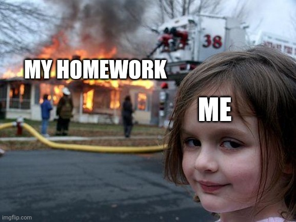 Disaster Girl Meme | MY HOMEWORK; ME | image tagged in memes,disaster girl | made w/ Imgflip meme maker