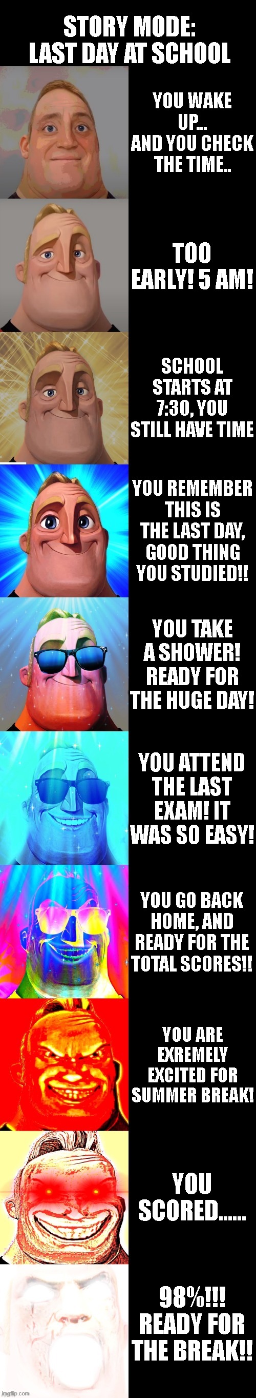 Mr Incredible becoming canny story mode (Quick) Your last day at school | STORY MODE: LAST DAY AT SCHOOL; YOU WAKE UP... AND YOU CHECK THE TIME.. TOO EARLY! 5 AM! SCHOOL STARTS AT 7:30, YOU STILL HAVE TIME; YOU REMEMBER THIS IS THE LAST DAY, GOOD THING YOU STUDIED!! YOU TAKE A SHOWER! READY FOR THE HUGE DAY! YOU ATTEND THE LAST EXAM! IT WAS SO EASY! YOU GO BACK HOME, AND READY FOR THE TOTAL SCORES!! YOU ARE EXREMELY EXCITED FOR SUMMER BREAK! YOU SCORED...... 98%!!! READY FOR THE BREAK!! | image tagged in mr incredible becoming canny | made w/ Imgflip meme maker