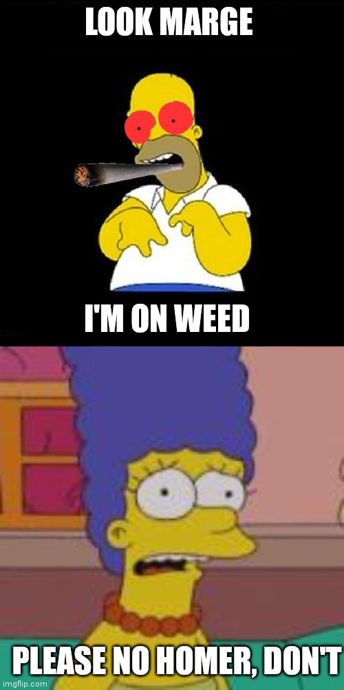 Don't do drugs | LOOK MARGE; I'M ON WEED; PLEASE NO HOMER, DON'T | image tagged in homer look marge | made w/ Imgflip meme maker