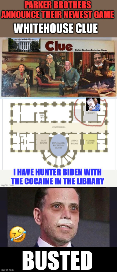 Introducing Whitehouse Clue... | BUSTED | image tagged in hunter biden,white house,cocaine,clue | made w/ Imgflip meme maker